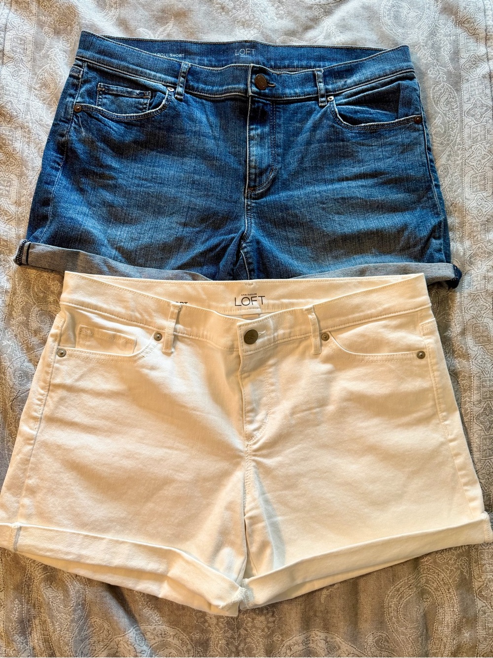 LOFT Blue Denim Roll and White Denim Roll Shorts Duo